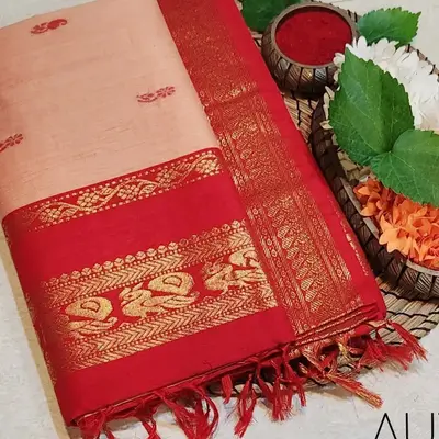 Kalyani Cotton Silk - Irish Peach & Red Combination