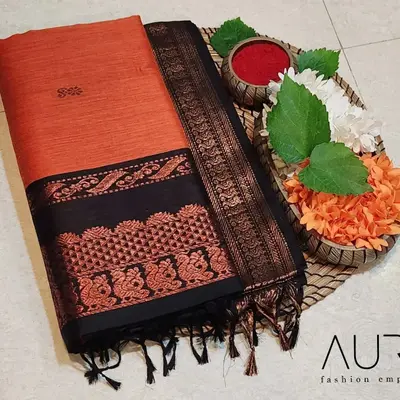 Kalyani Cotton Silk - Orange And Black Combination With Copper Zari