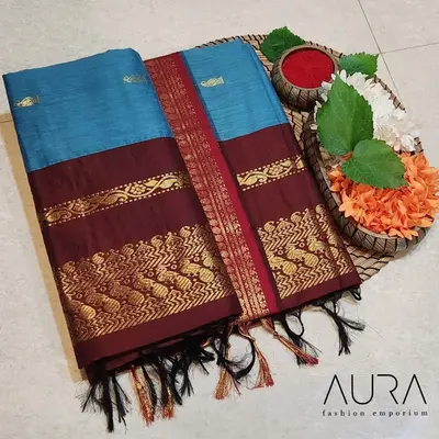 Kalyani Cotton Silk- Ramar Blue Maroon Combination