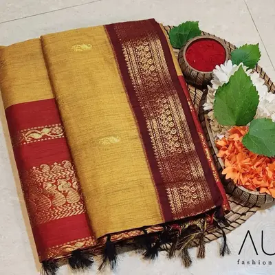 Kalyani Cotton Silk - Yellow Maroon Combination
