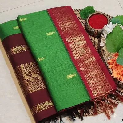 Kalyani Cotton Silk- Parrot Green & Maroon Combination