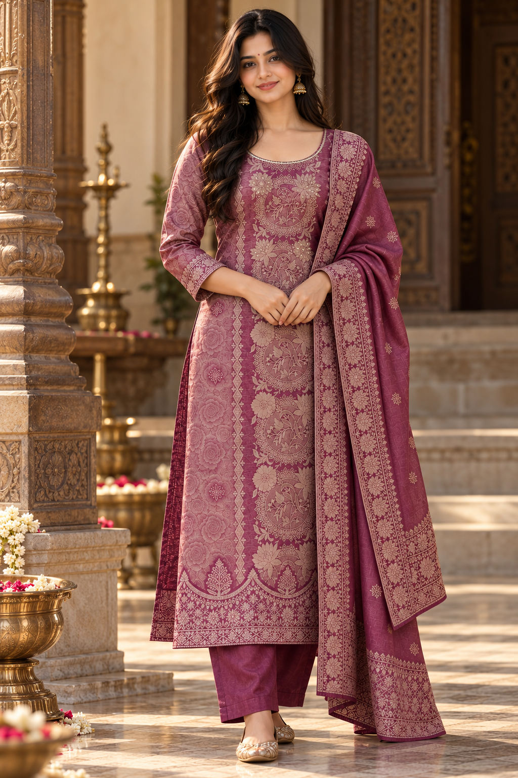 Kancheepuram Pure Silk- 3PC Suit (Rosewood Mauve)